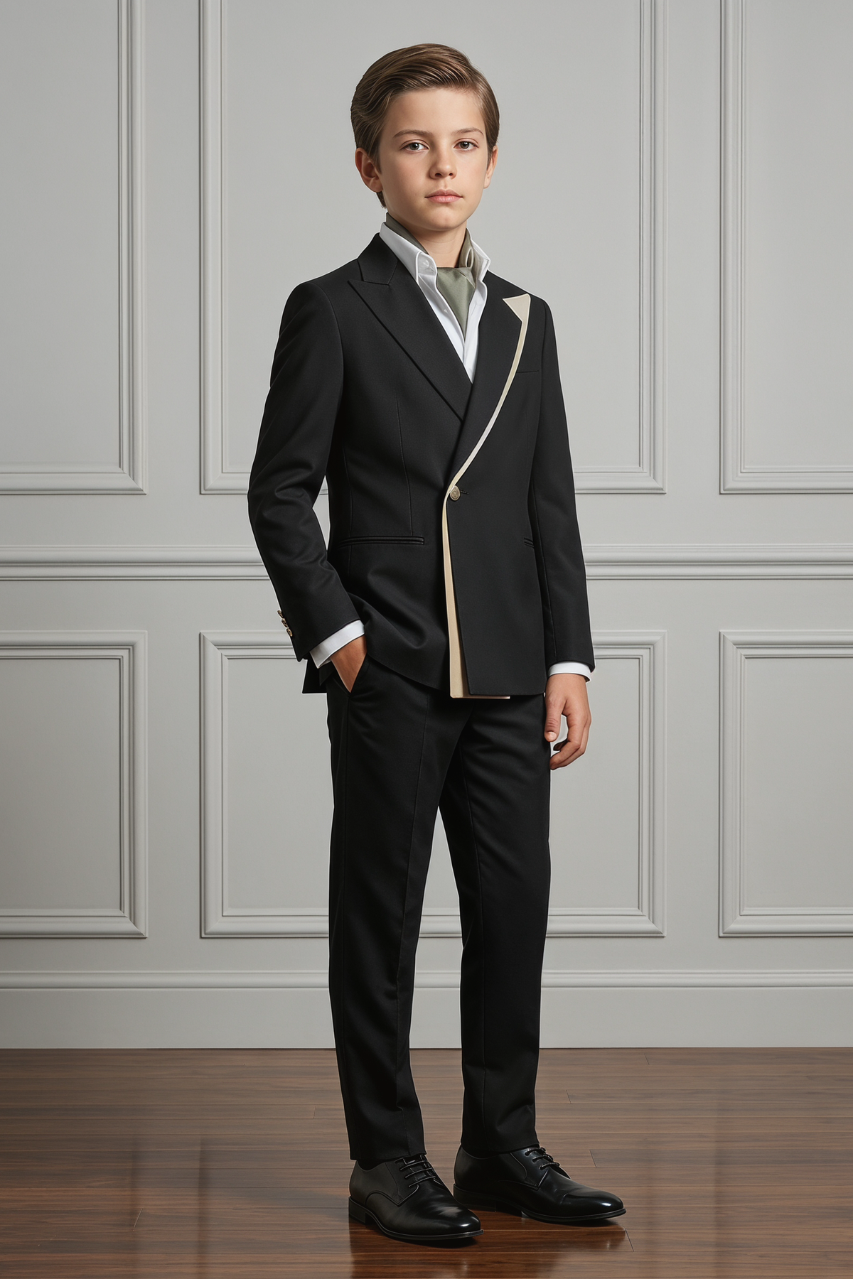Black Serge Contrast Design Double-Breasted 2-Piece Suit