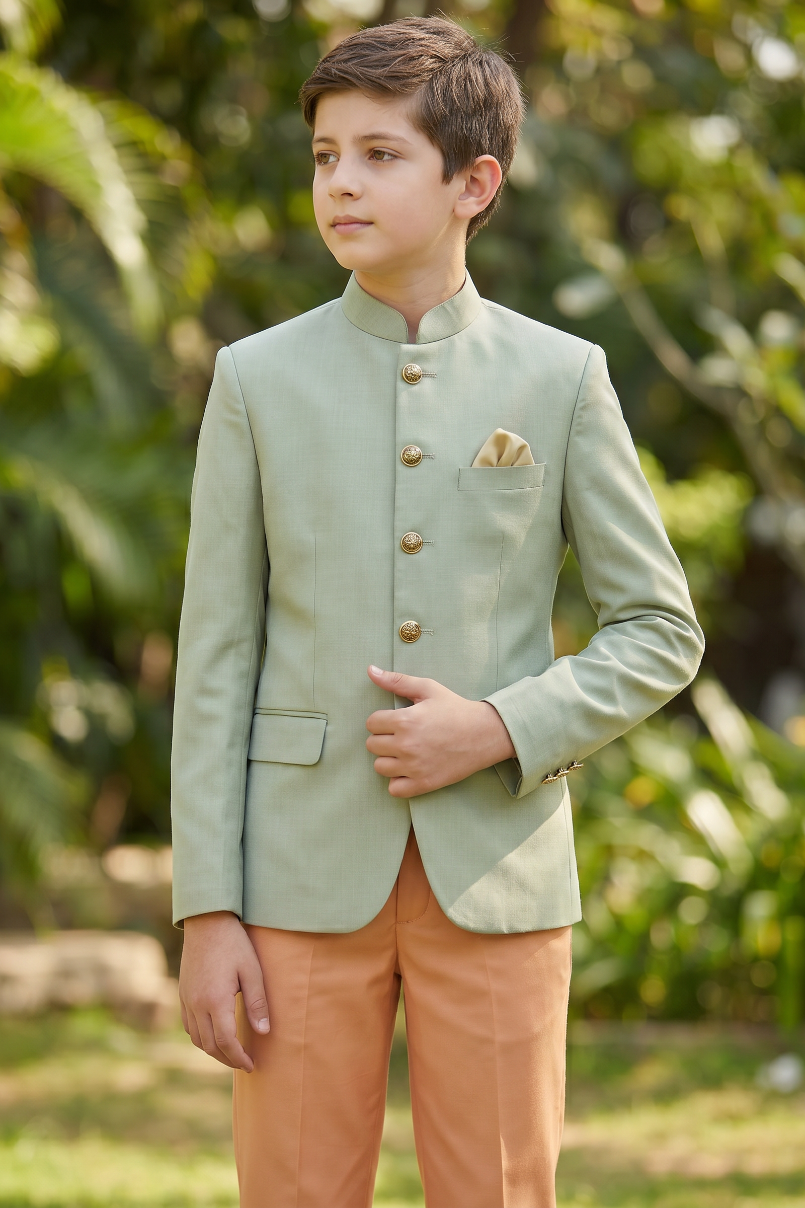 Light Green and Orange Color-Blocked Cotton Linen 2-Piece Suit