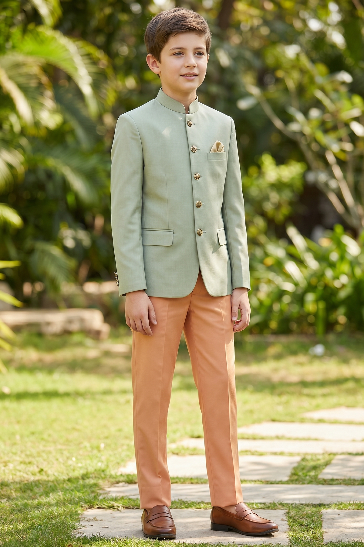 Light Green and Orange Color-Blocked Cotton Linen 2-Piece Suit