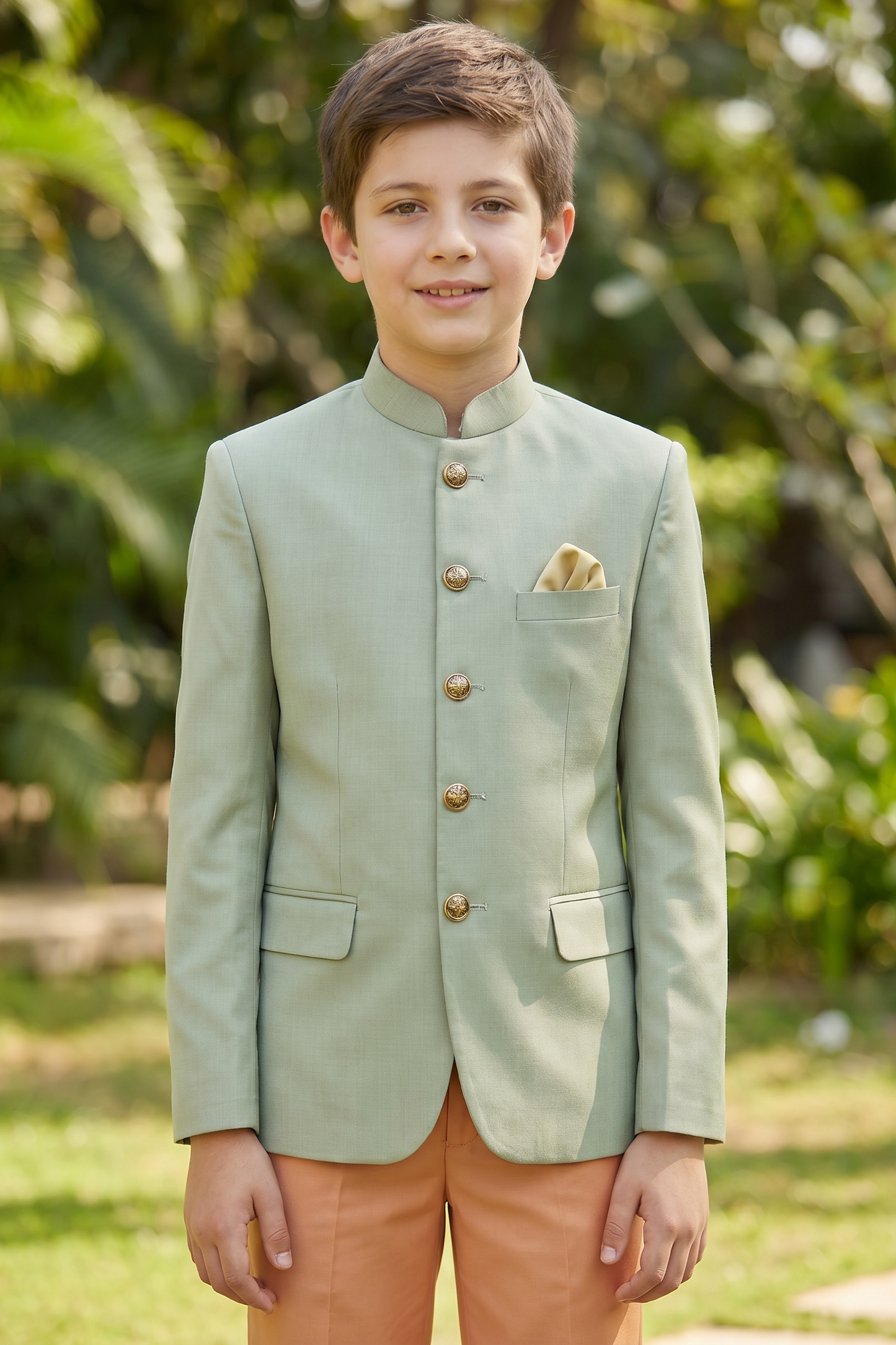 Light Green and Orange Color-Blocked Cotton Linen 2-Piece Suit