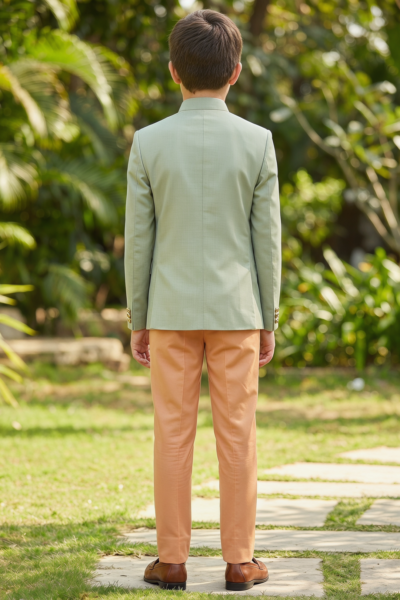 Light Green and Orange Color-Blocked Cotton Linen 2-Piece Suit