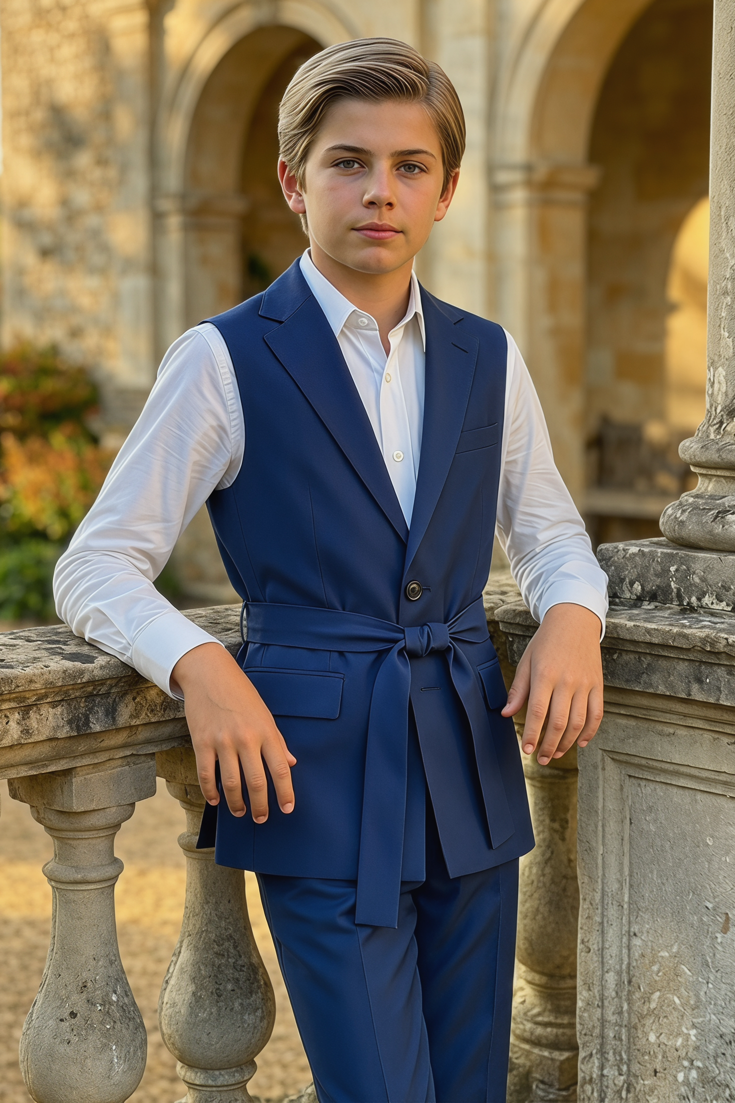 Navy Blue Serge Sleeveless Single-Breasted Vest 2-Piece Set