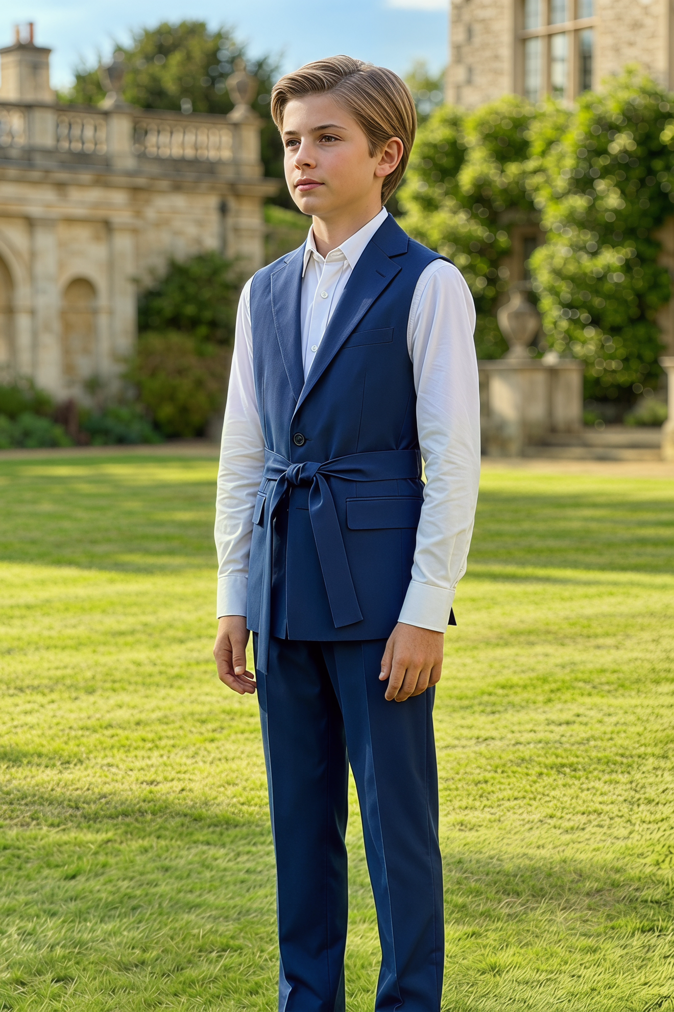 Navy Blue Serge Sleeveless Single-Breasted Vest 2-Piece Set