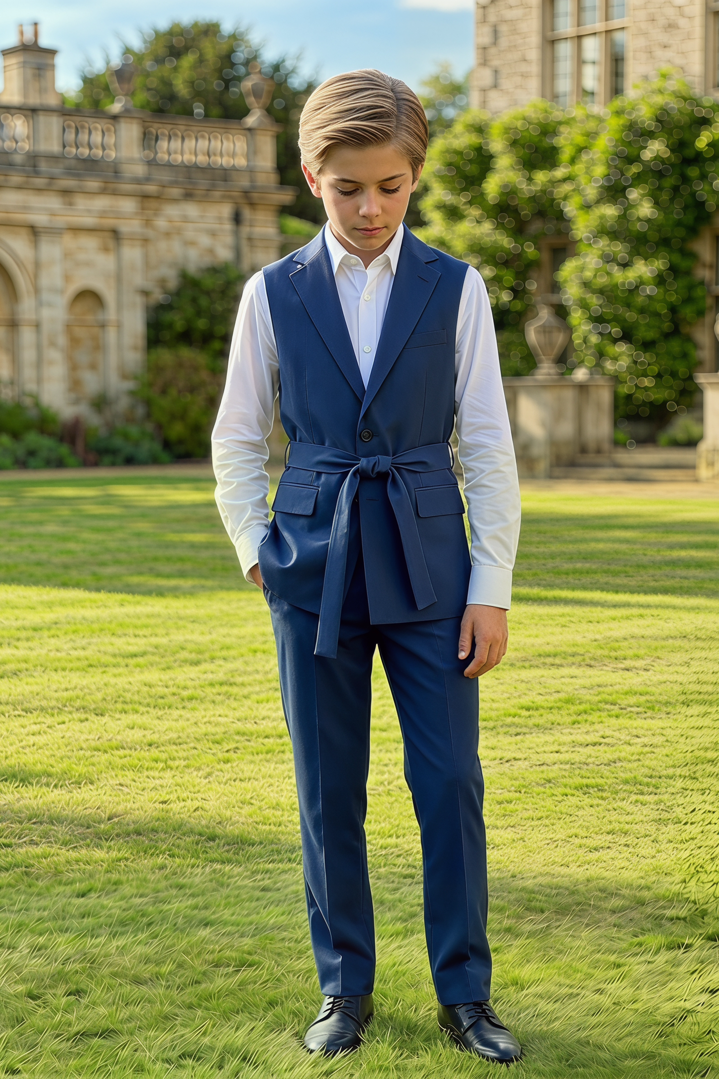 Navy Blue Serge Sleeveless Single-Breasted Vest 2-Piece Set