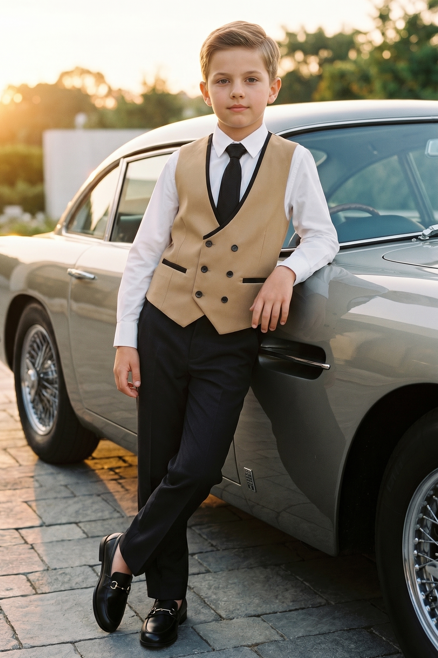 Khaki and Black Double-Breasted Vest 2-Piece Set