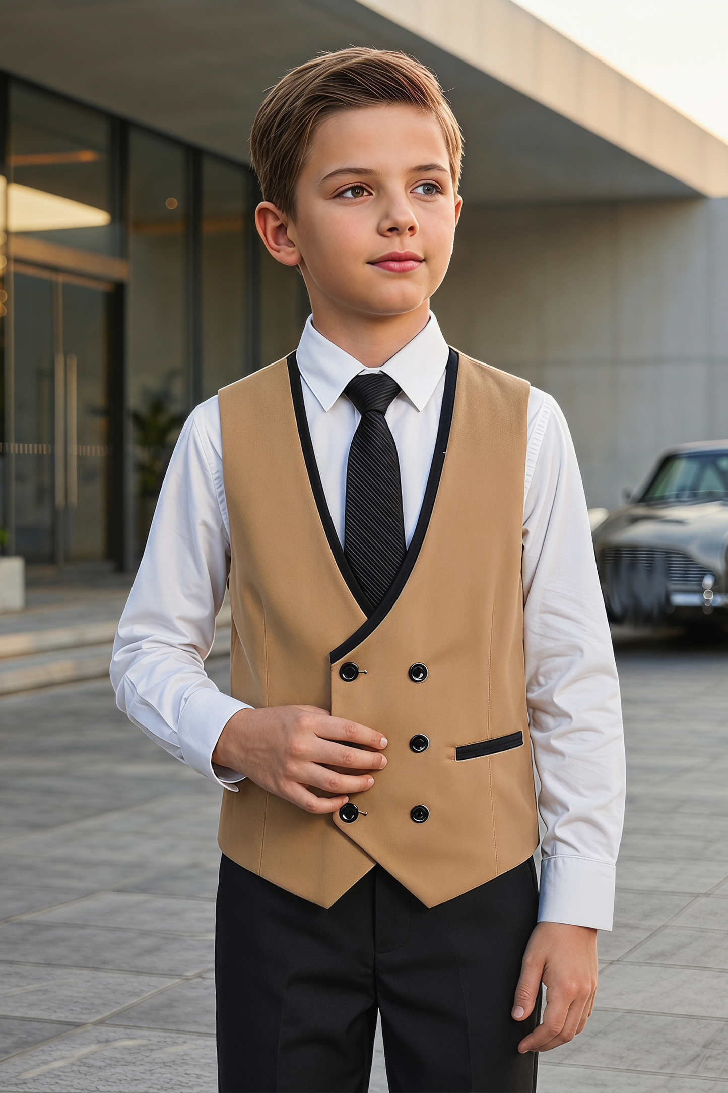 Khaki and Black Double-Breasted Vest 2-Piece Set