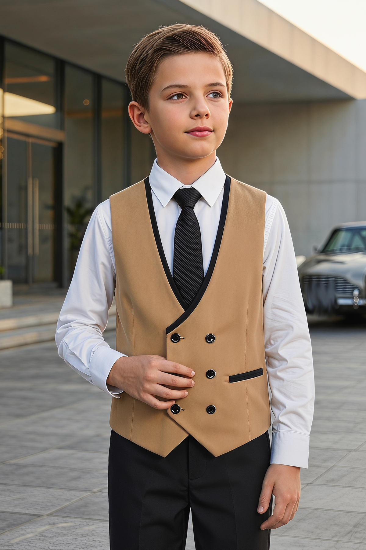 Khaki and Black Double-Breasted Vest 2-Piece Set