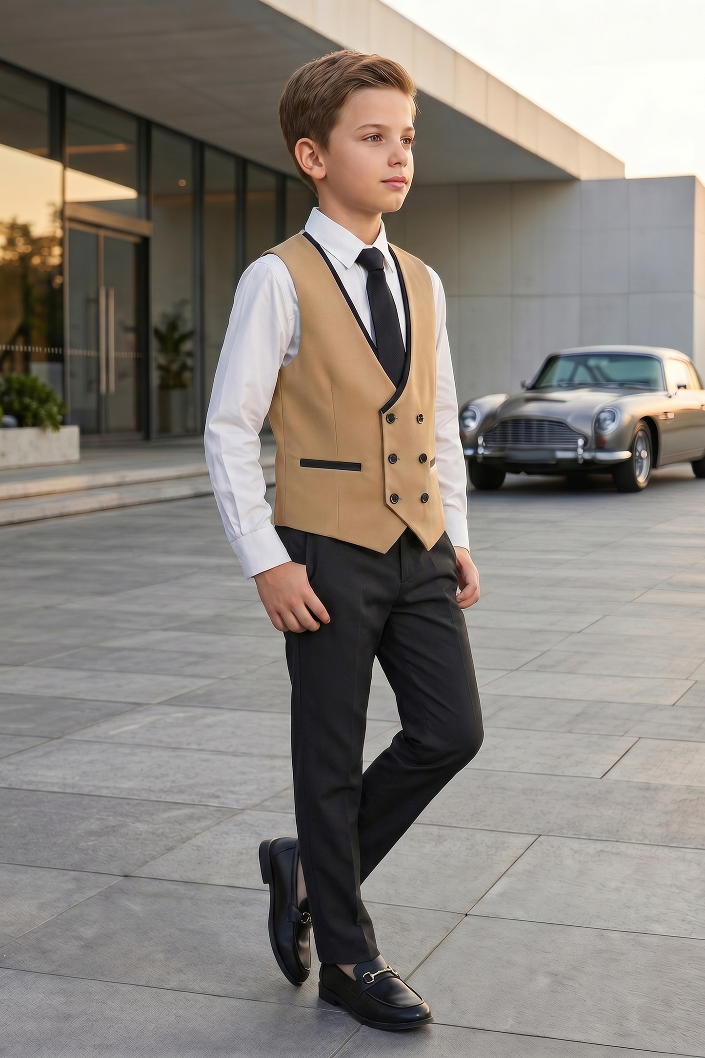 Khaki and Black Double-Breasted Vest 2-Piece Set