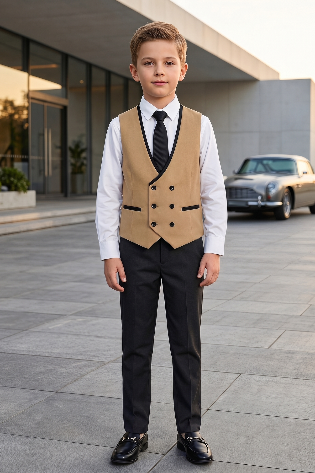 Khaki and Black Double-Breasted Vest 2-Piece Set