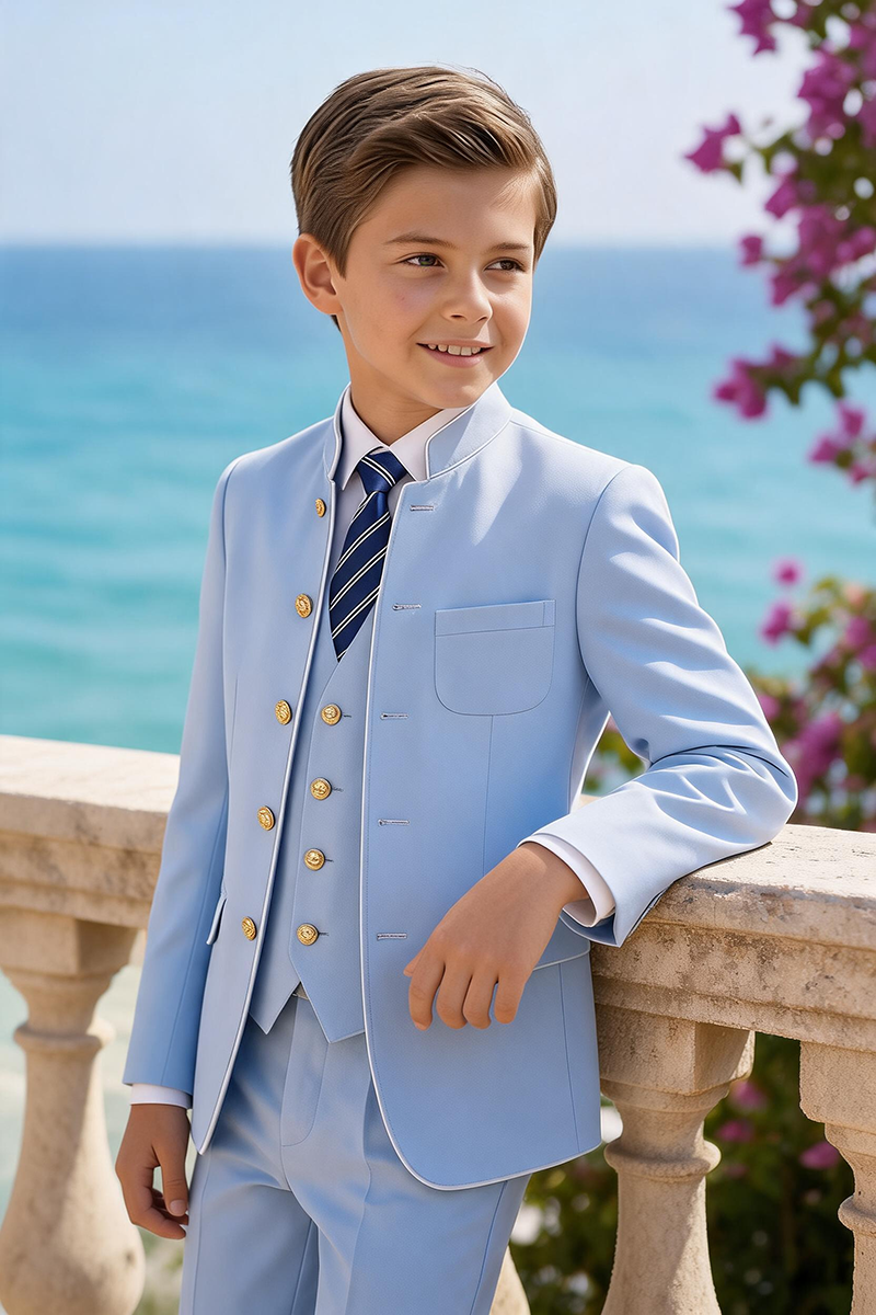 Boys Light Blue Mandarin Collar 3-Piece Suit
