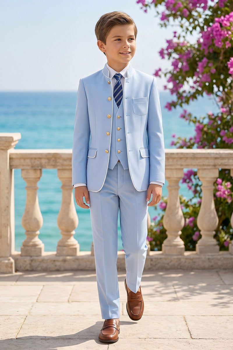 Boys Light Blue Mandarin Collar 3-Piece Suit