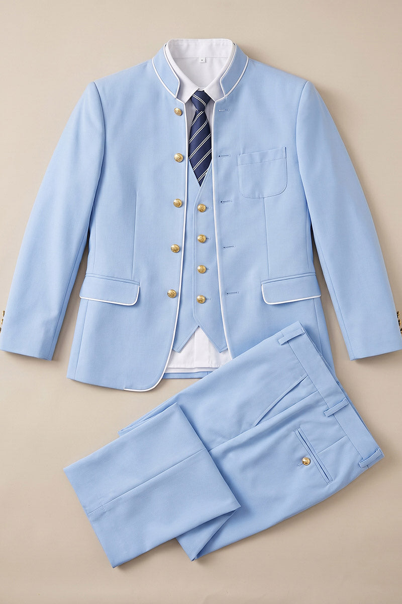 Boys Light Blue Mandarin Collar 3-Piece Suit