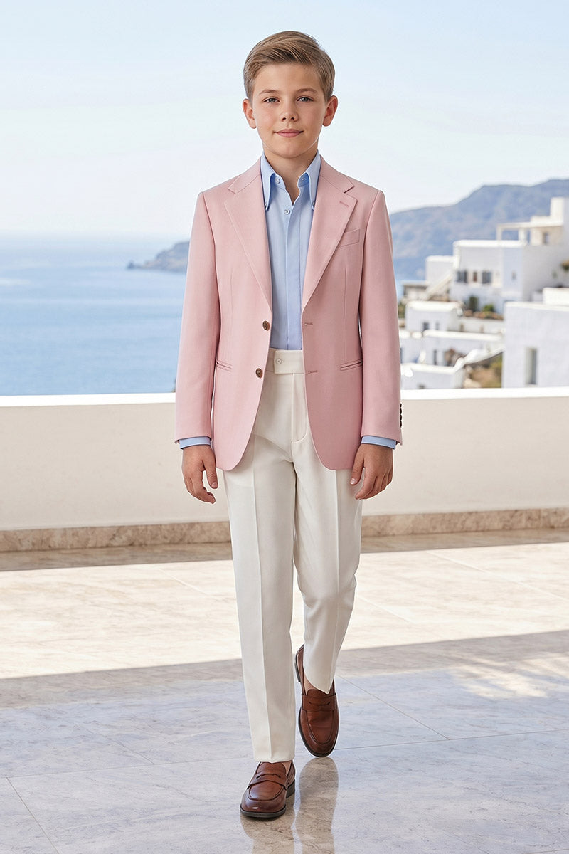 Boys Pink Blazer with White Trousers 2-Piece Suit