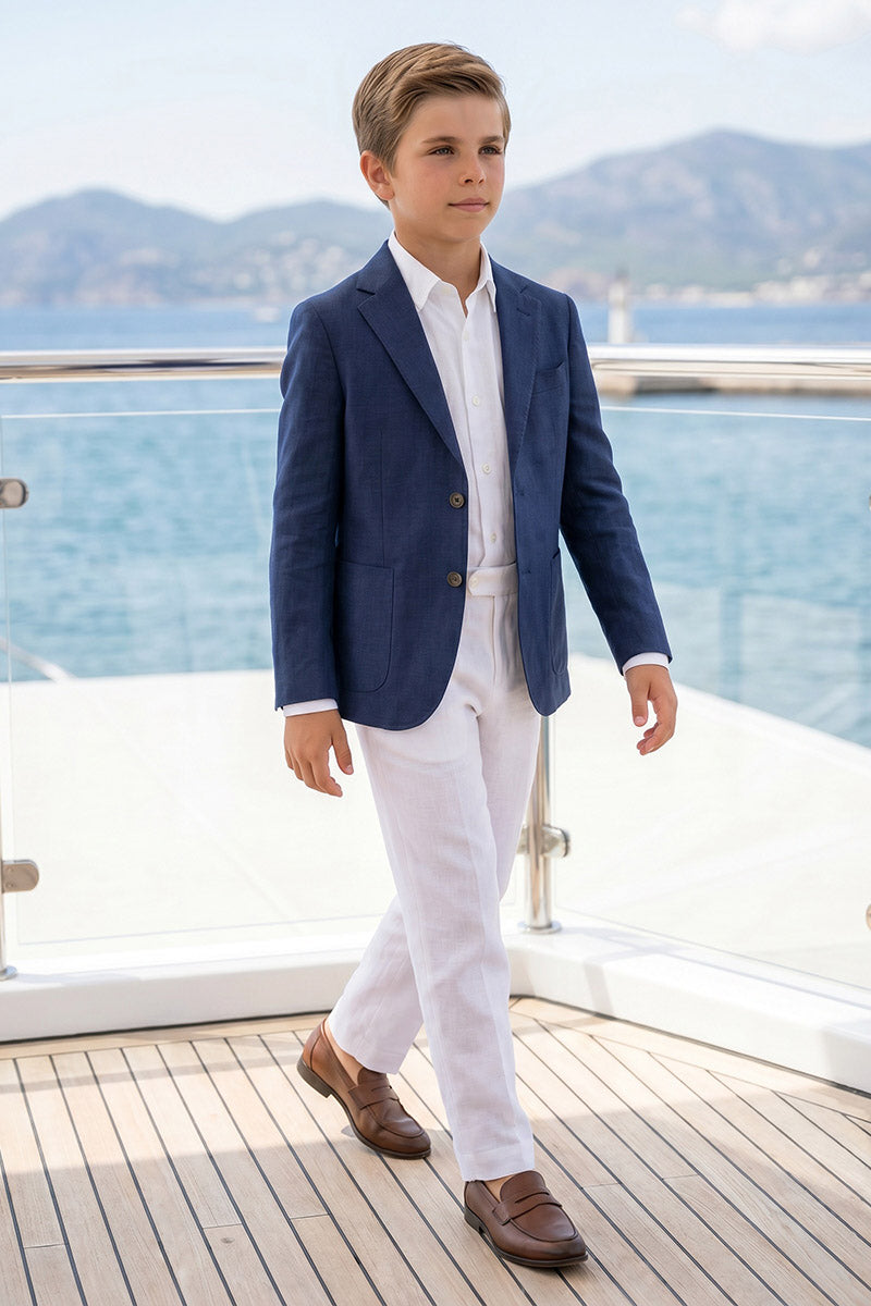 Boys Navy Linen Blazer & White Trousers 2-Piece Suit