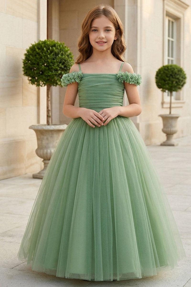 Sage Green Off-Shoulder Tulle Flower Girl Dress