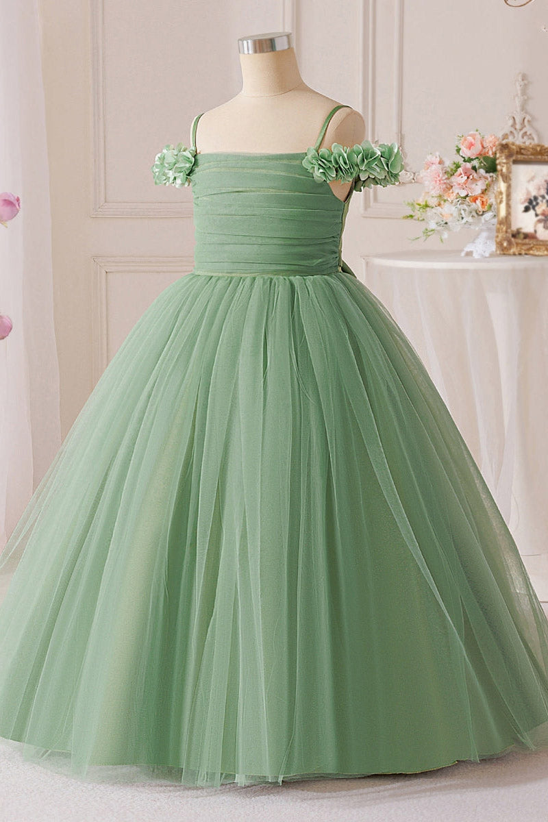 Sage Green Off-Shoulder Tulle Flower Girl Dress