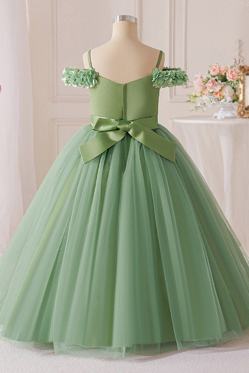 Sage Green Off-Shoulder Tulle Flower Girl Dress