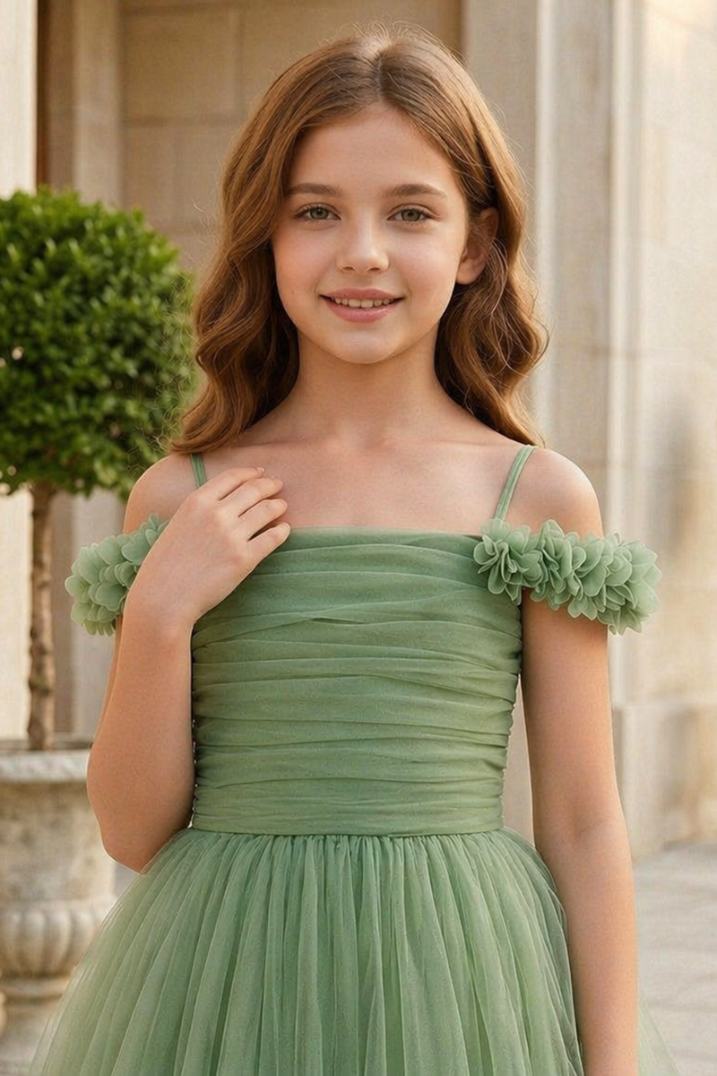 Sage Green Off-Shoulder Tulle Flower Girl Dress