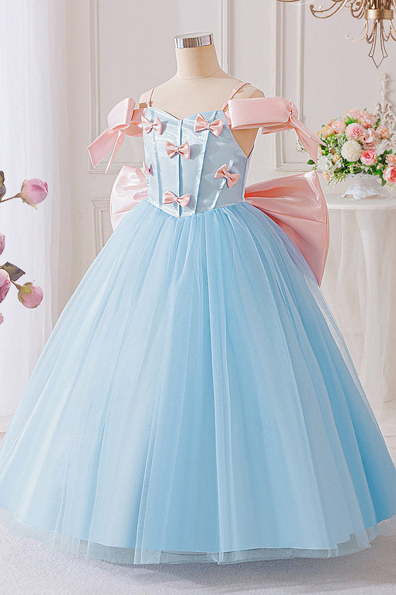 Girls Blue Tulle Gown with Pink Bows for Weddings & Formal Events