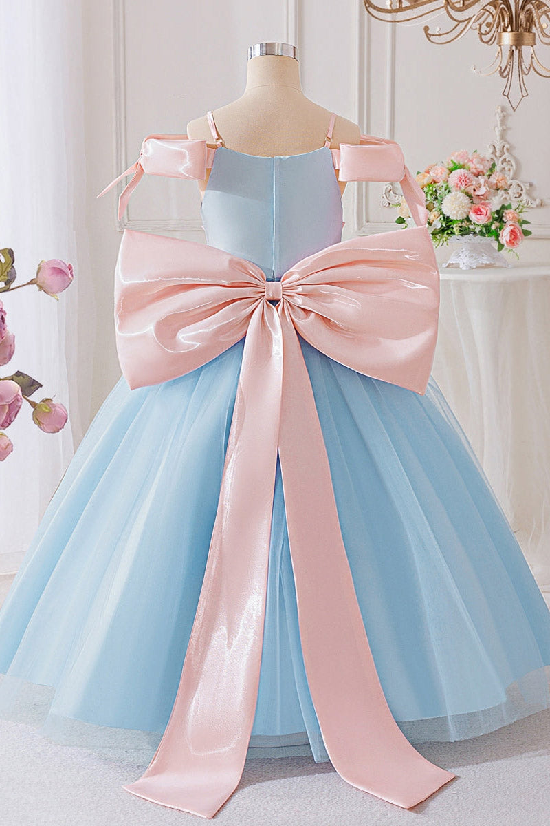 Girls Blue Tulle Gown with Pink Bows for Weddings & Formal Events