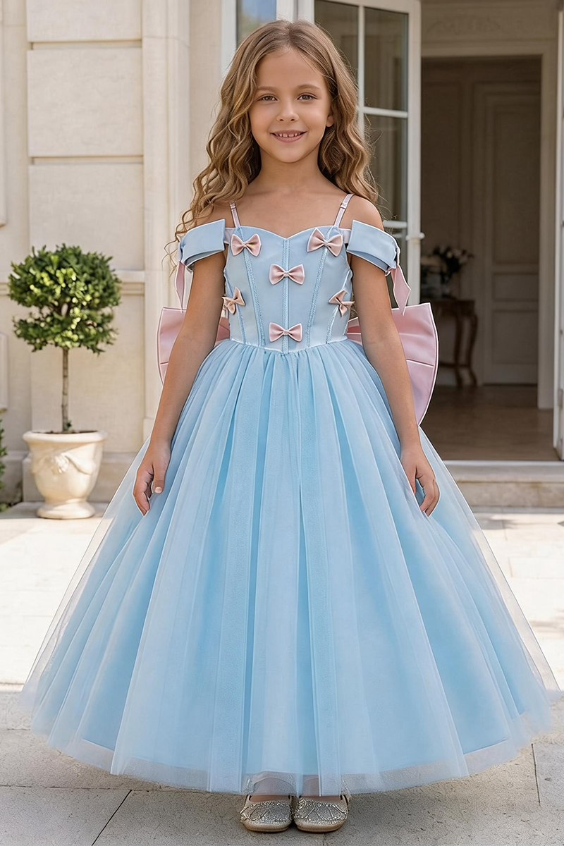Girls Blue Tulle Gown with Pink Bows for Weddings & Formal Events