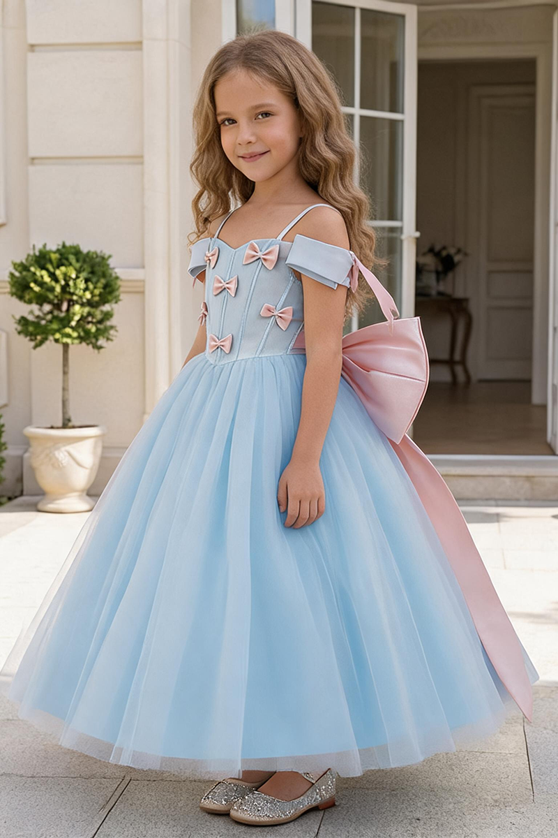 Girls Blue Tulle Gown with Pink Bows for Weddings & Formal Events