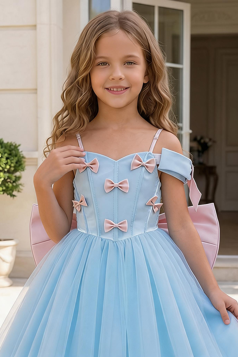 Girls Blue Tulle Gown with Pink Bows for Weddings & Formal Events