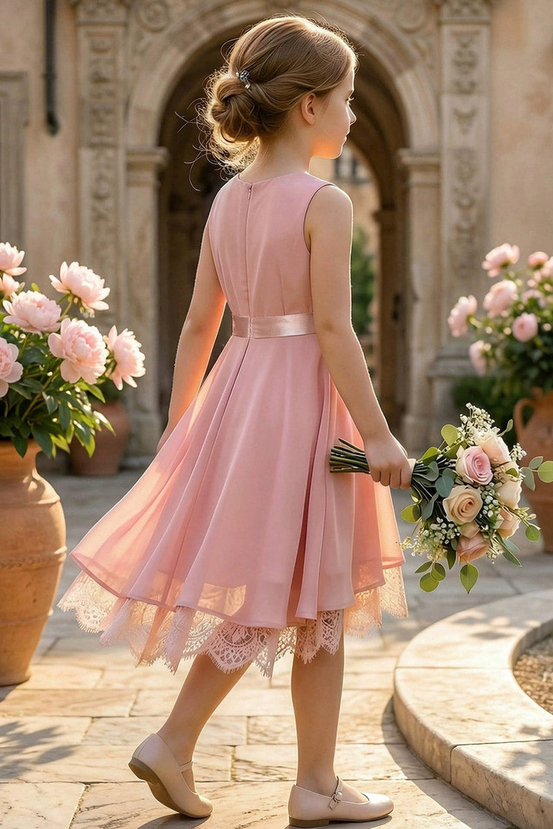 Girls Blush Pink Satin & Lace Dress for Weddings & Formal Events