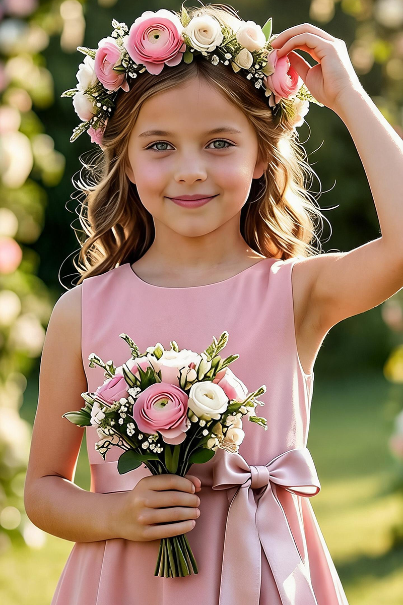 Girls Blush Pink Satin & Lace Dress for Weddings & Formal Events
