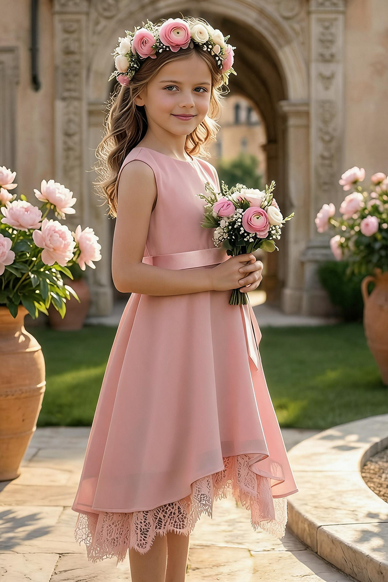 Girls Blush Pink Satin & Lace Dress for Weddings & Formal Events
