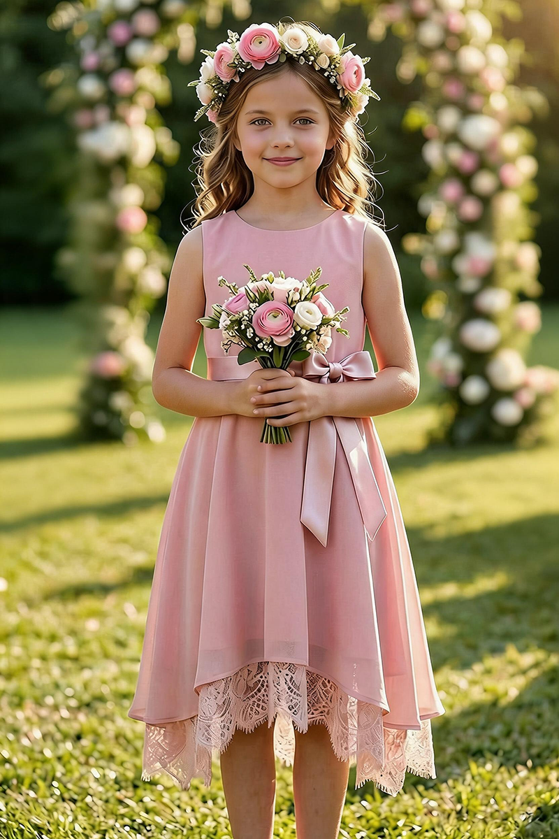 Girls Blush Pink Satin & Lace Dress for Weddings & Formal Events