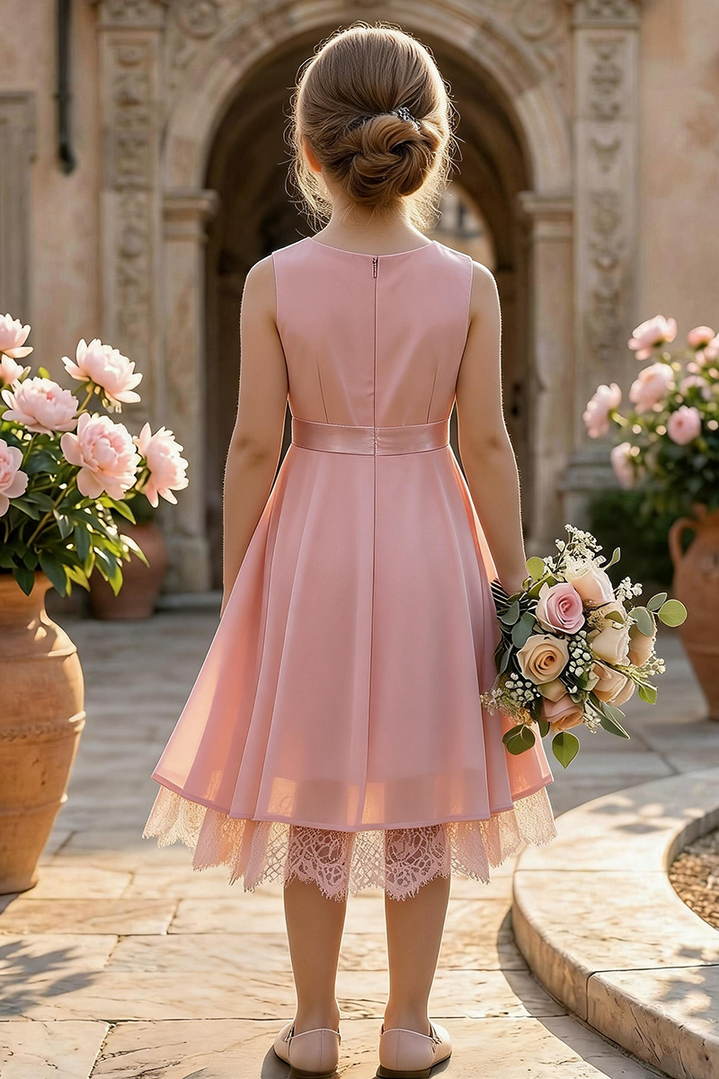 Girls Blush Pink Satin & Lace Dress for Weddings & Formal Events