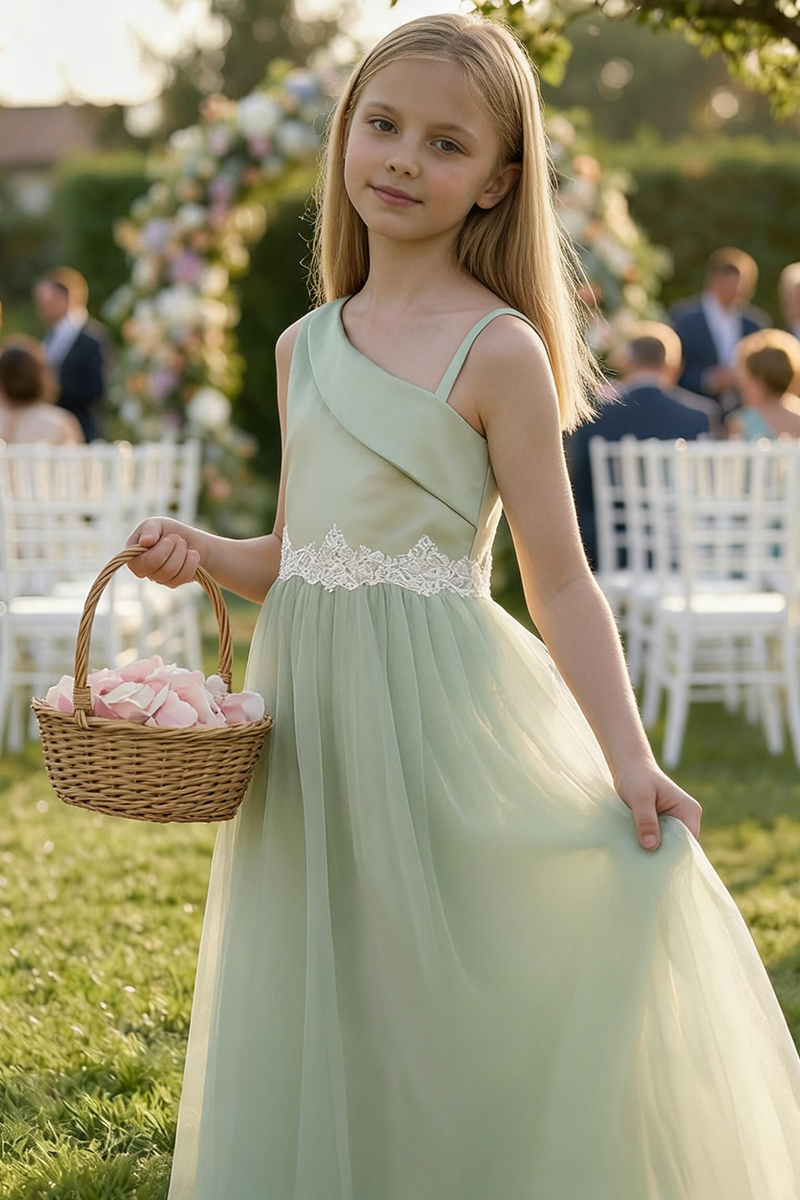 Girls Sage Green Satin & Tulle Dress for Weddings & Formal Events