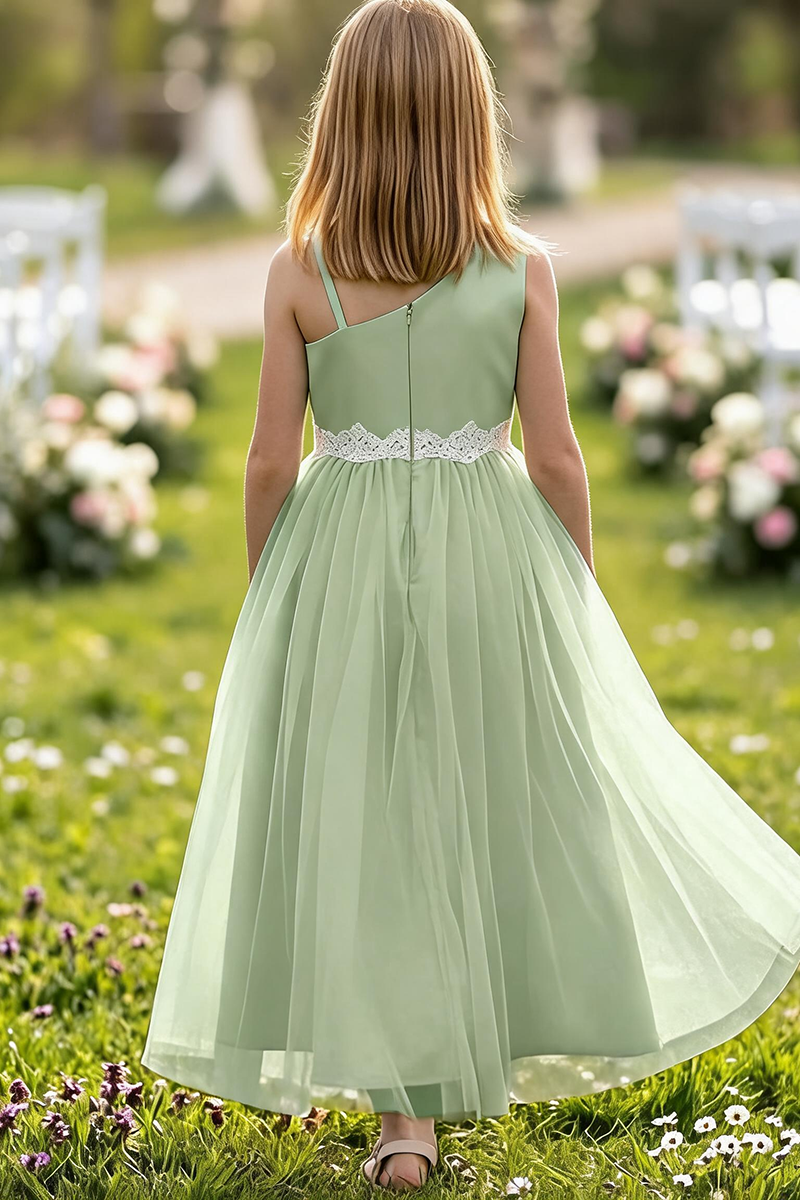 Girls Sage Green Satin & Tulle Dress for Weddings & Formal Events