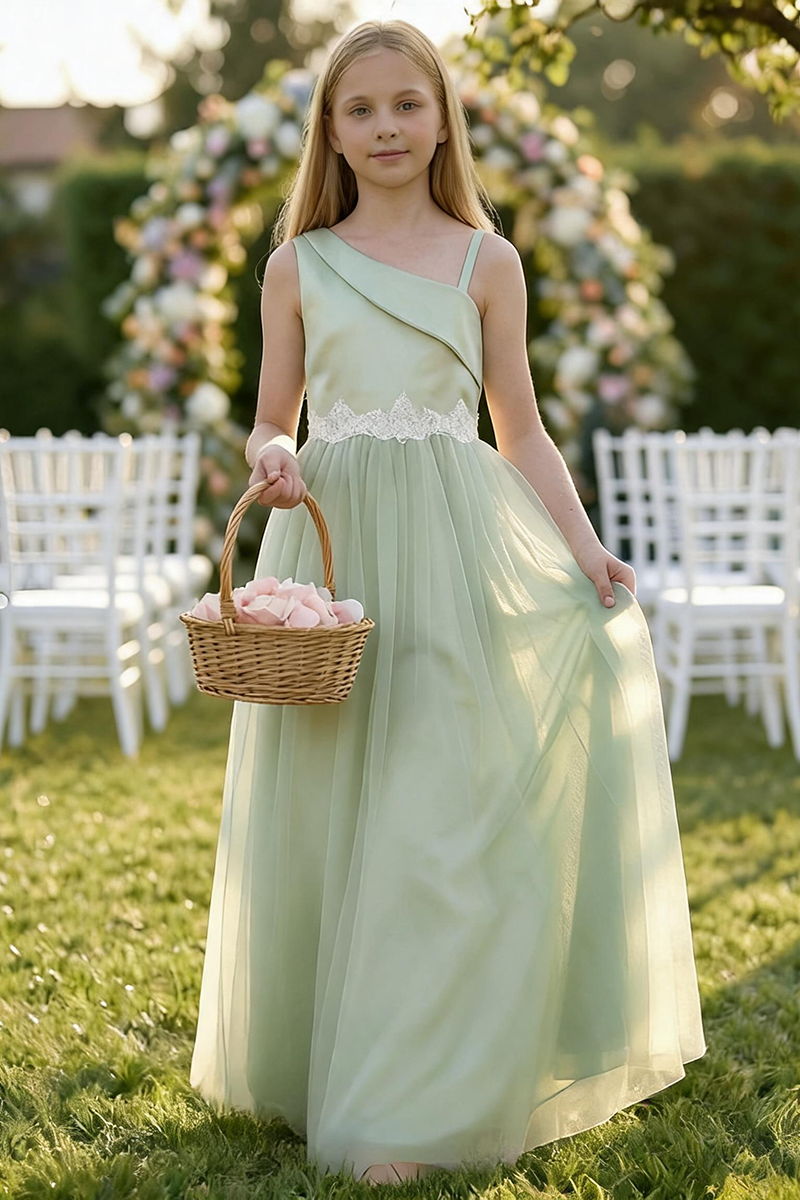 Girls Sage Green Satin & Tulle Dress for Weddings & Formal Events