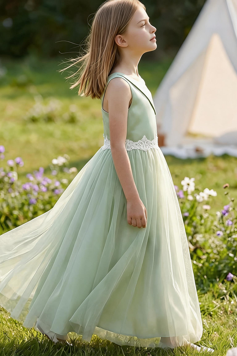 Girls Sage Green Satin & Tulle Dress for Weddings & Formal Events