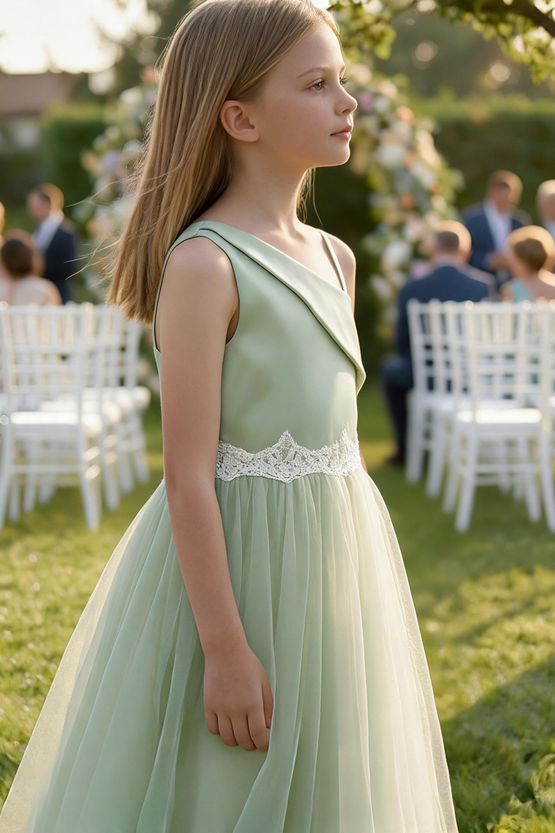 Girls Sage Green Satin & Tulle Dress for Weddings & Formal Events