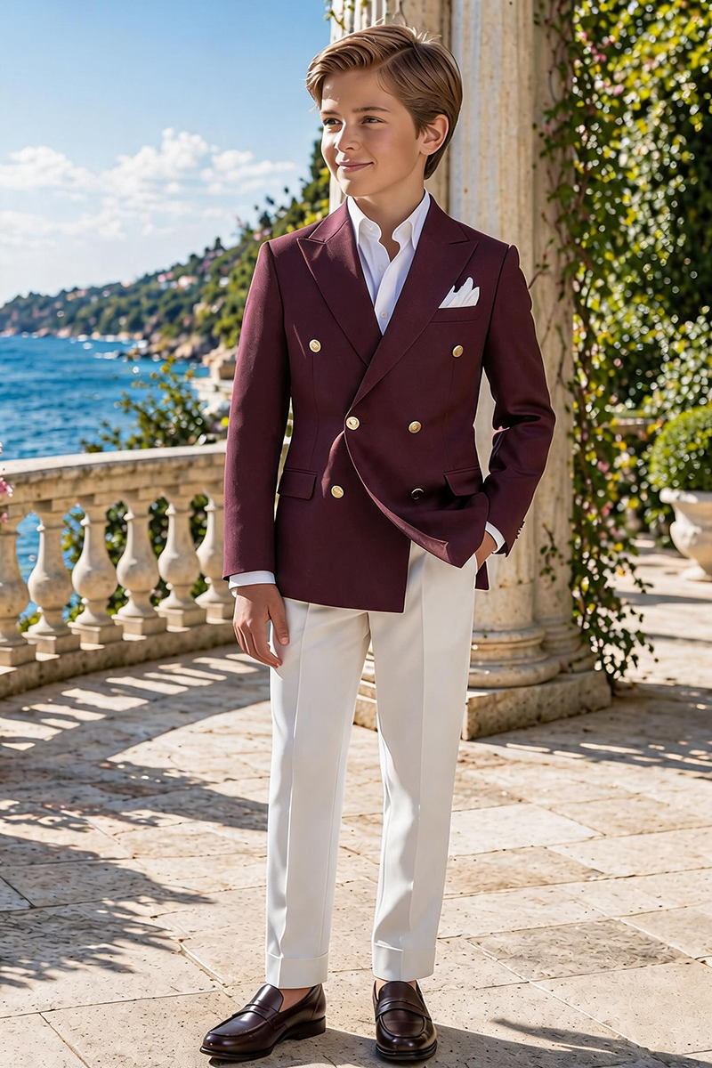 Boys Burgundy Double-Breasted Blazer & White Trousers 2-Piece Suit