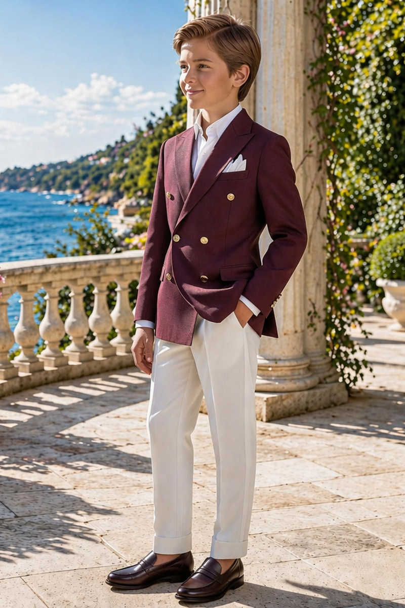 Boys Burgundy Double-Breasted Blazer & White Trousers 2-Piece Suit