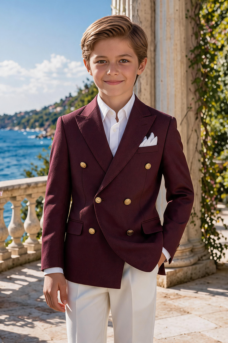 Boys Burgundy Double-Breasted Blazer & White Trousers 2-Piece Suit