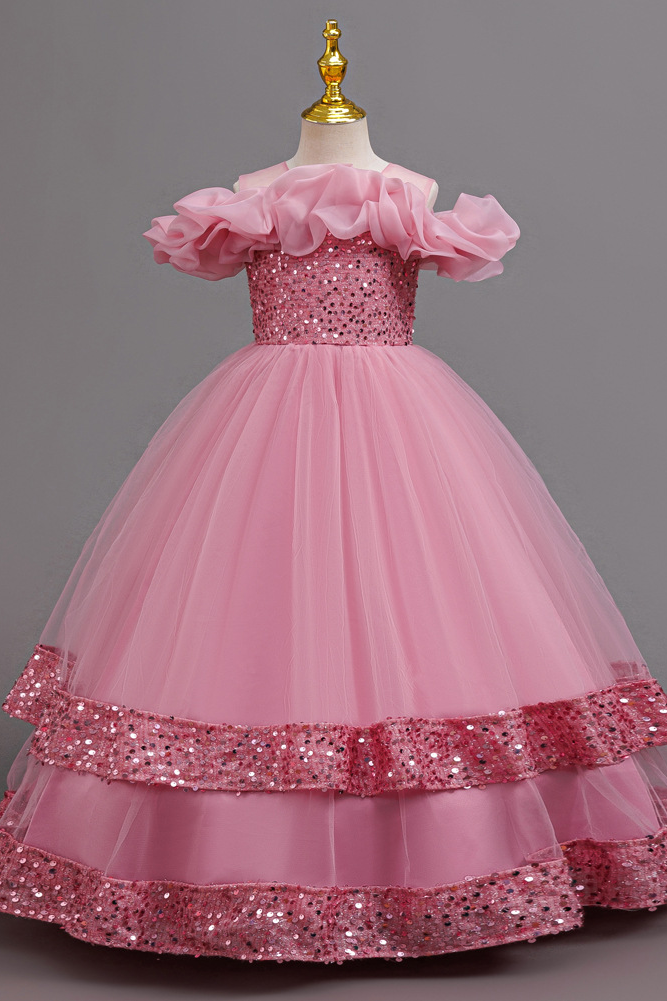 Pink Mesh Sequined Crew Neck Long Dress