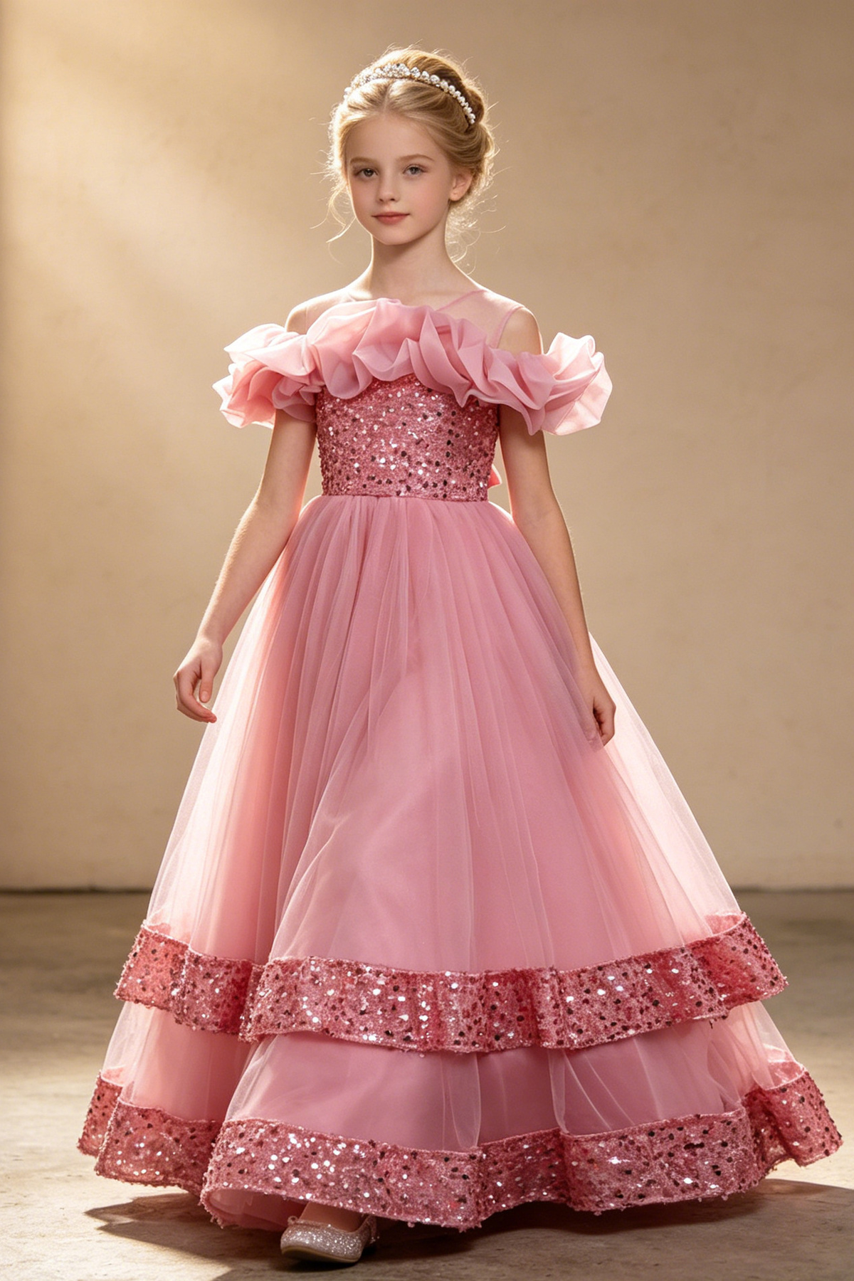 Pink Mesh Sequined Crew Neck Long Dress