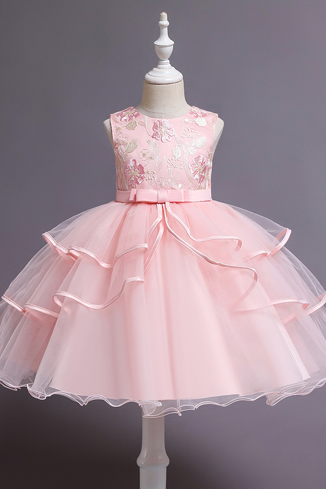 Apricot Satin Mesh Round Neck Embroidered A-line Dress