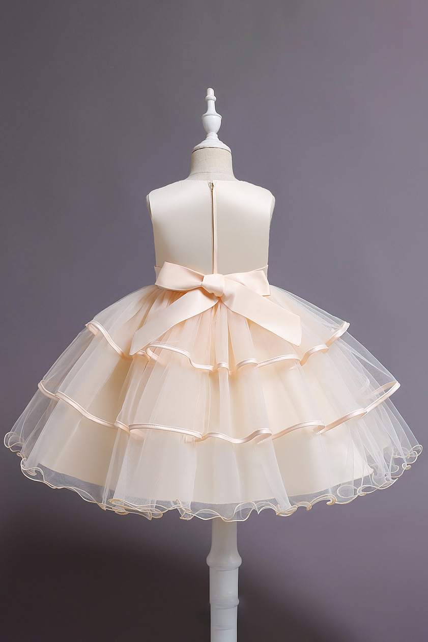 Apricot Satin Mesh Round Neck Embroidered A-line Dress
