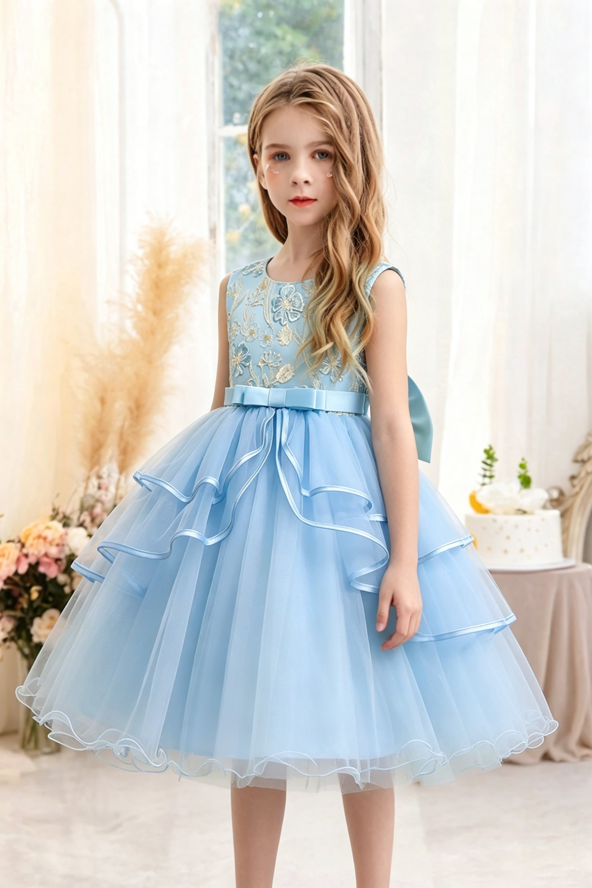 Apricot Satin Mesh Round Neck Embroidered A-line Dress