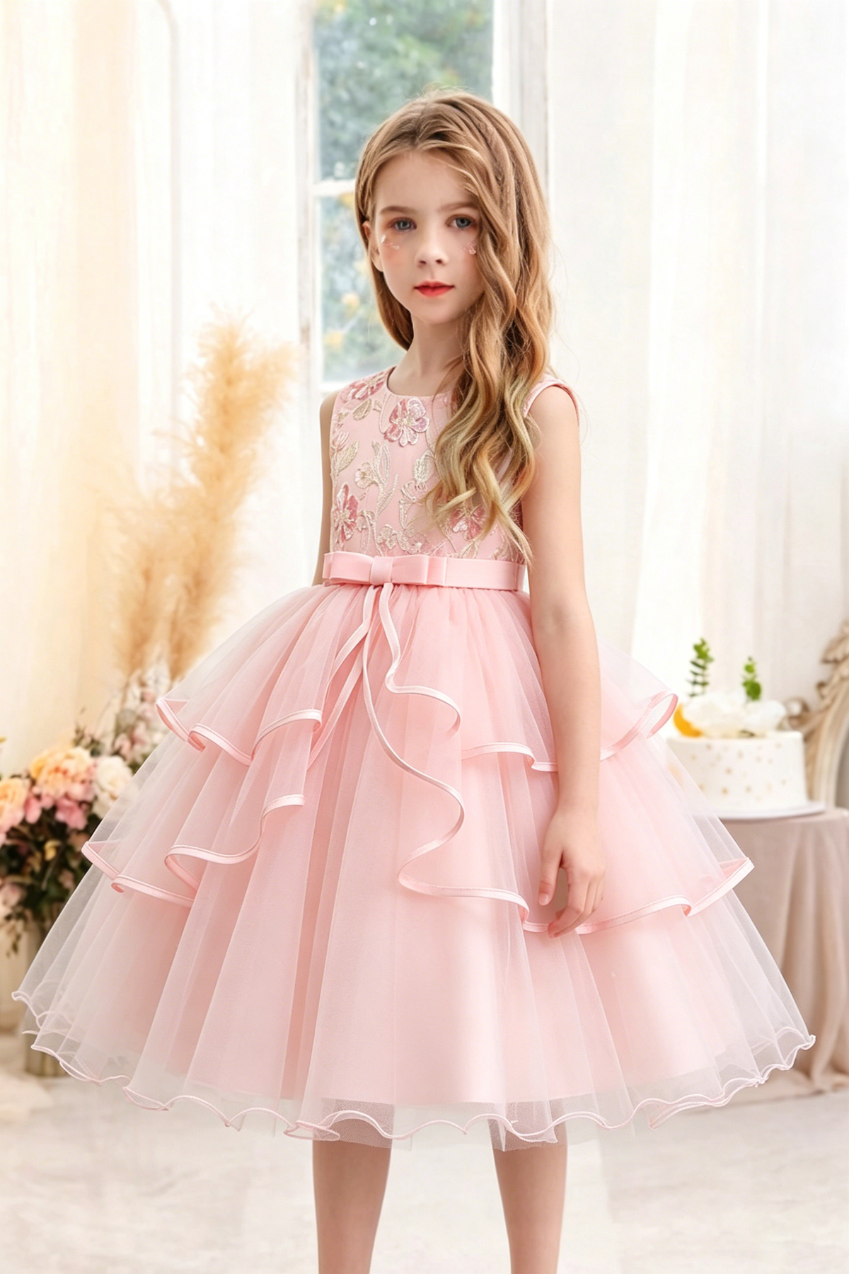 Apricot Satin Mesh Round Neck Embroidered A-line Dress