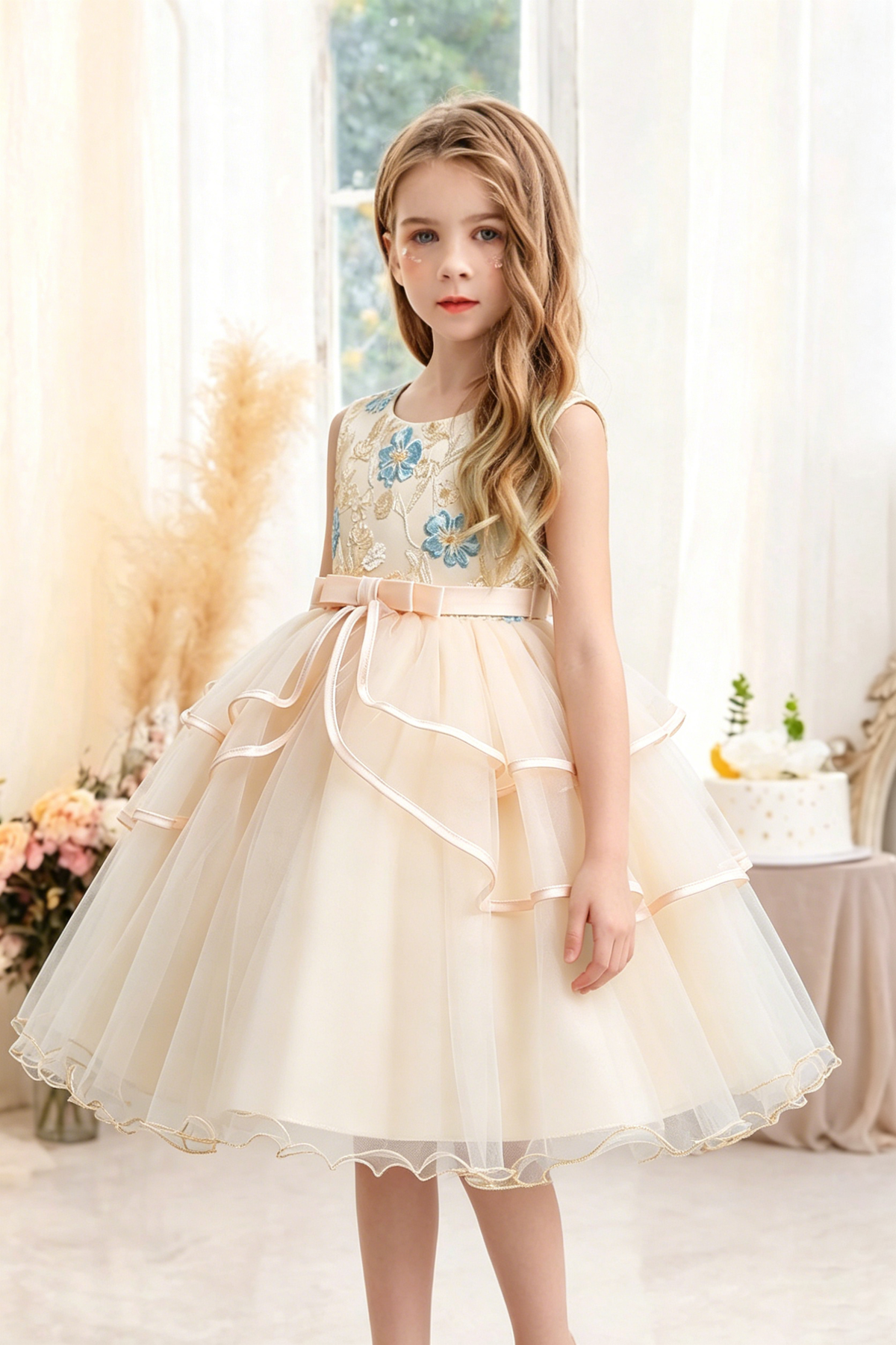 Apricot Satin Mesh Round Neck Embroidered A-line Dress