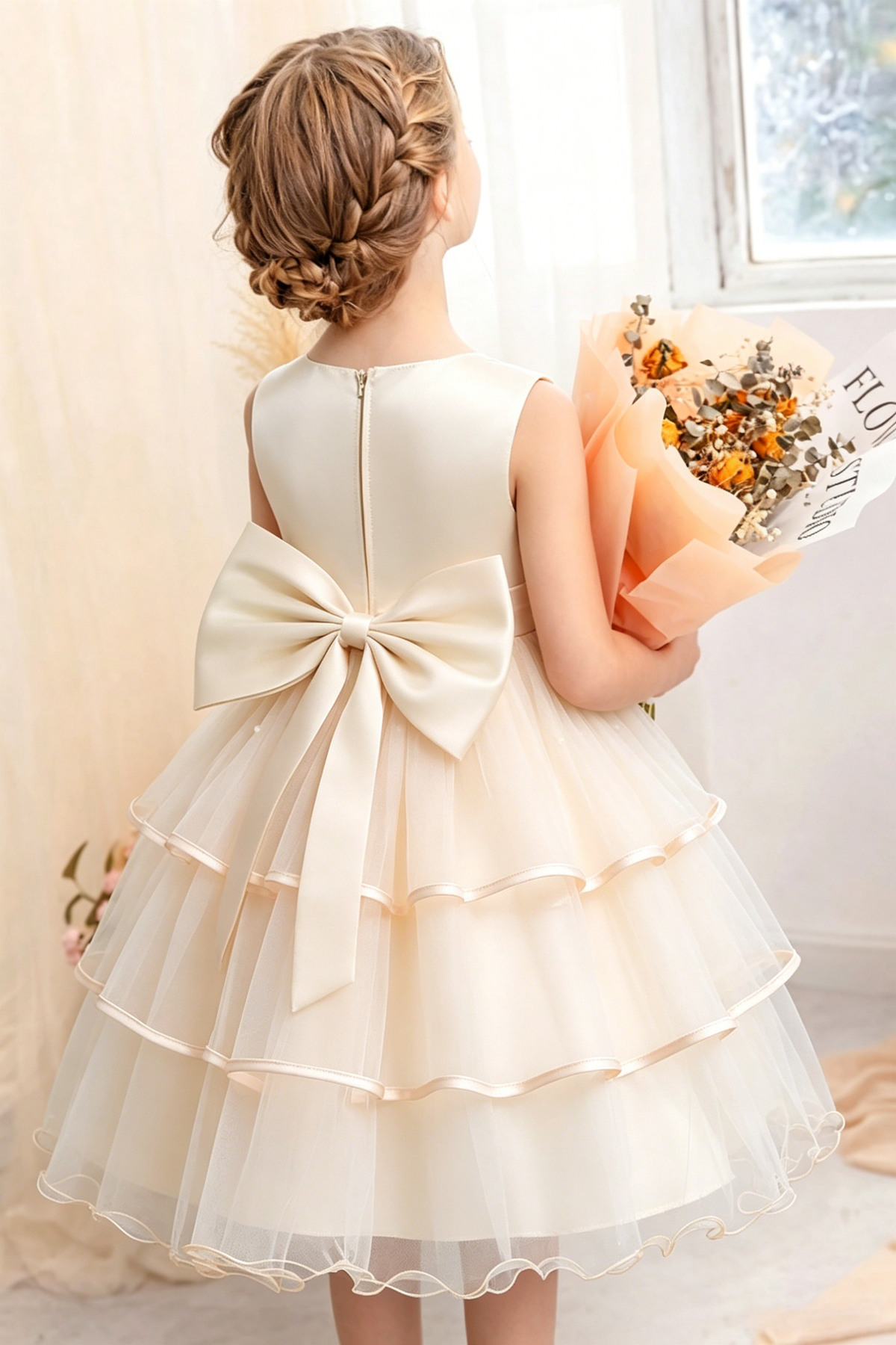 Apricot Satin Mesh Round Neck Embroidered A-line Dress