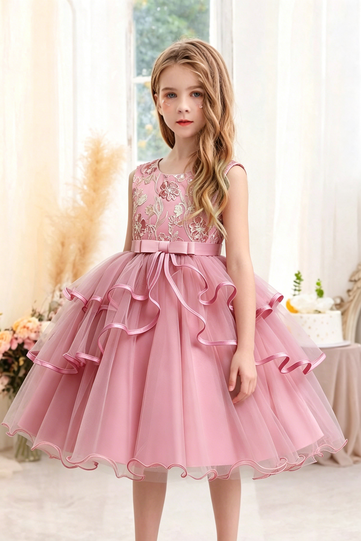 Apricot Satin Mesh Round Neck Embroidered A-line Dress