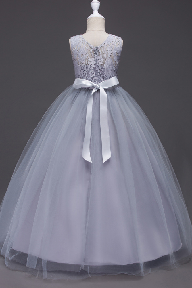 Light Gray Lace Round Neck Mesh Bow A-line Dress